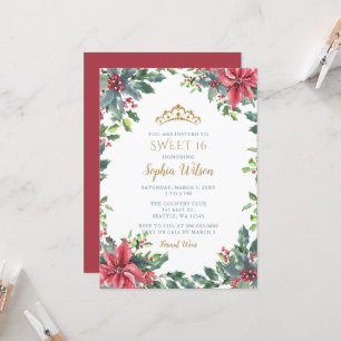 Holly Poinsettias Gold Princess Tiara Sweet 16 Einladung