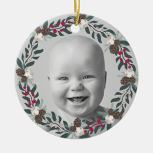 Holly, Red Berries and Pinecone Wreath Foto Keramik Ornament