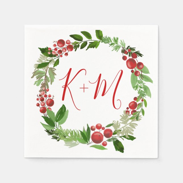 Holly Red Berry Christmas Modern Wedding Monogram Serviette (Vorderseite)