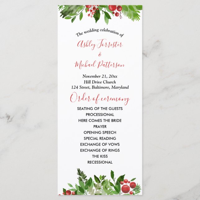 Holly Red Berry Christmas Modern Wedding Program Programm (Vorderseite)