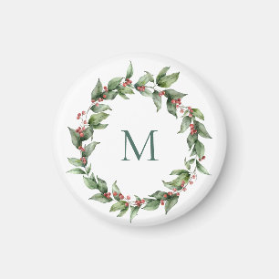 Holly Red Berry Monogram Christmas Magnet