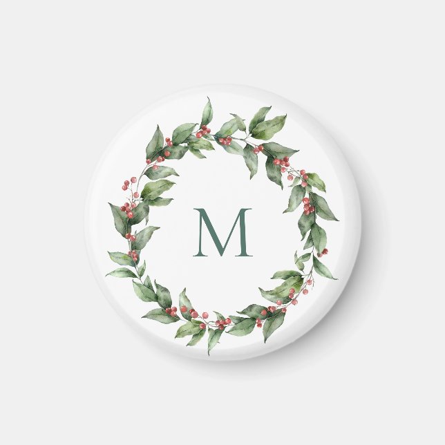 Holly Red Berry Monogram Christmas Magnet (Vorne)