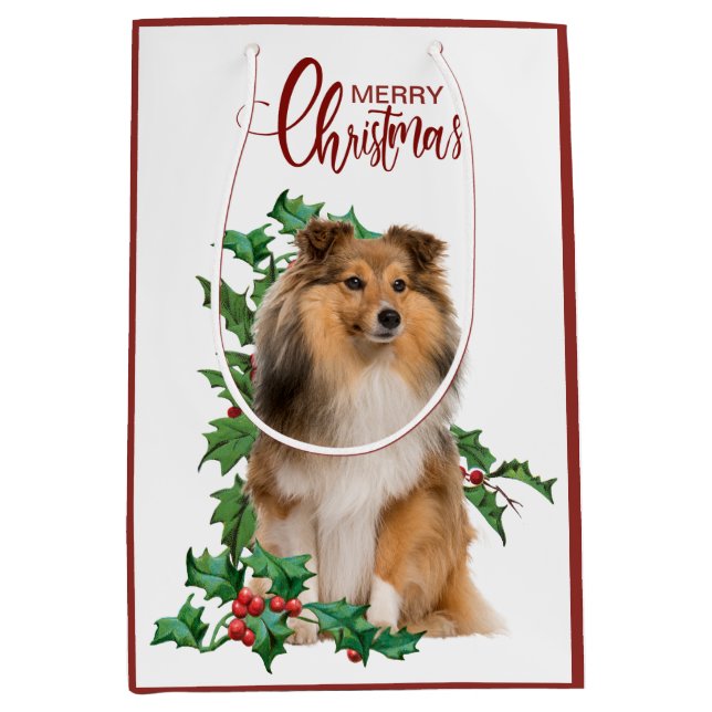 Holly Red Berry Shetland Sheepdog Weihnachten Mittlere Geschenktüte (Vorderseite)