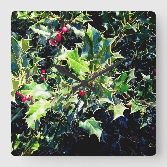 Holly, rote Beeren Quadratische Wanduhr (Vorderseite)