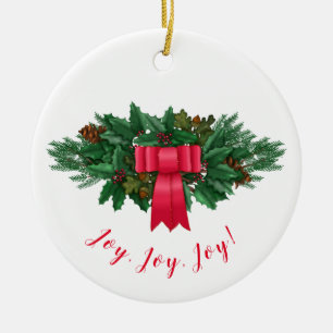Holly Swag   Red Bow Christmas Keramik Ornament