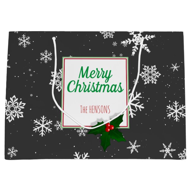 Holly Tree Berry Gray Snowflakes Custom Christmas Große Geschenktüte (Vorderseite)