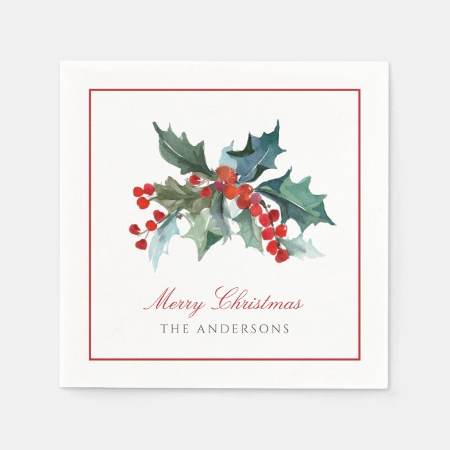 Holly und Berries mit Familienname Weihnachten Serviette (Vorderseite)