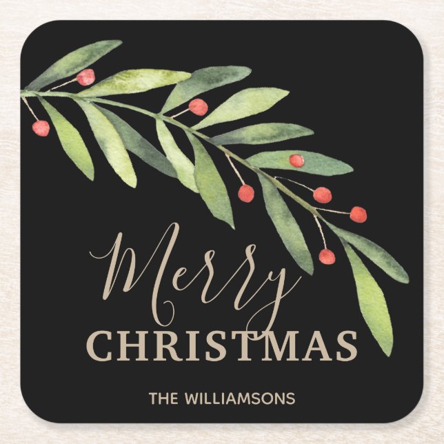 Holly und Berries über Schwarz Frohe Weihnachten Rechteckiger Pappuntersetzer (Vorderseite)