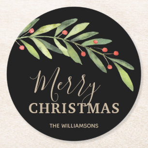 Holly und Berries über Schwarz Frohe Weihnachten Runder Pappuntersetzer