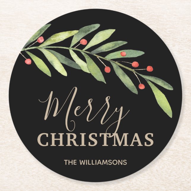 Holly und Berries über Schwarz Frohe Weihnachten Runder Pappuntersetzer (Vorderseite)