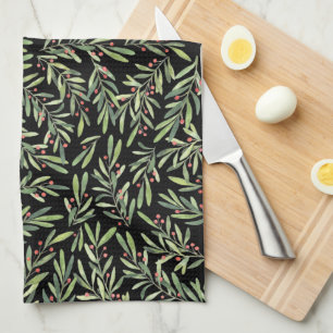 Holly und Berries über Schwarze Weihnachten Geschirrtuch