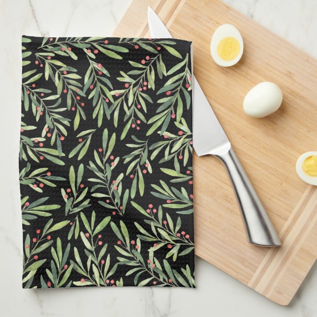Holly und Berries über Schwarze Weihnachten Geschirrtuch (Viertel Falte)