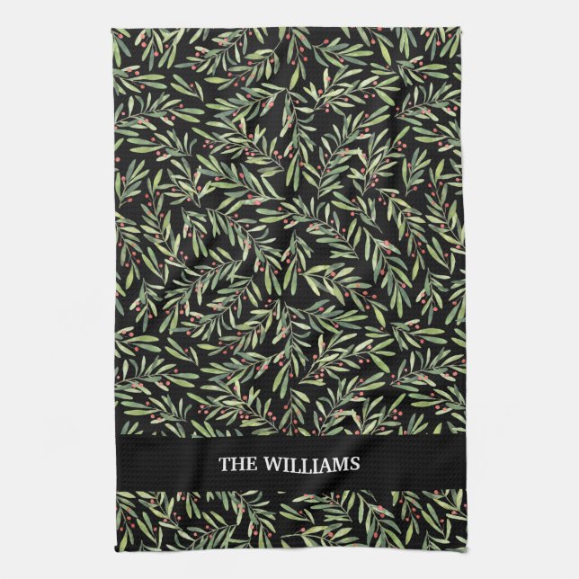 Holly und Berries über Schwarze Weihnachten Geschirrtuch (Vertikal)