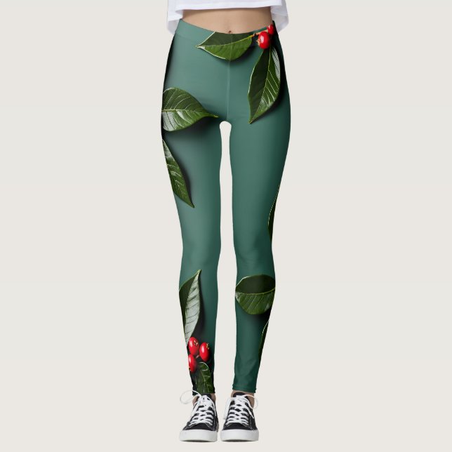 Holly Verlasst und Berries auf einer tiefen grünen Leggings (Vorderseite)