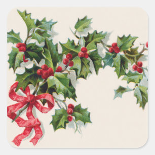 Holly Winterberry Red Ribbon Quadratischer Aufkleber