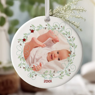 Holly Wreath - Baby Boy First Christmas Foto Keramik Ornament