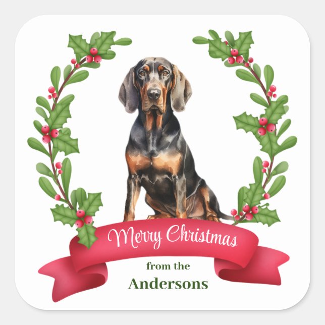 Holly Wreath Black Tan Coonhound Weihnachten Quadratischer Aufkleber (Vorderseite)