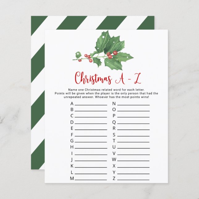 Holly Wreath Christmas A-Z Game Card (Vorne/Hinten)