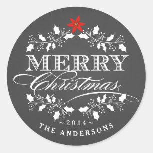 Holly Wreath Christmas Chalkboad Typografy Label Runder Aufkleber