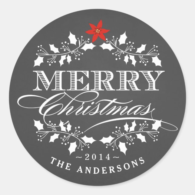 Holly Wreath Christmas Chalkboad Typografy Label Runder Aufkleber (Vorderseite)