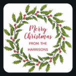 Holly Wreath Christmas Design Sticker Label<br><div class="desc">Holly Wreath Design Sticker Label mit anpassbarem Text und Hintergrundfarbe.</div>