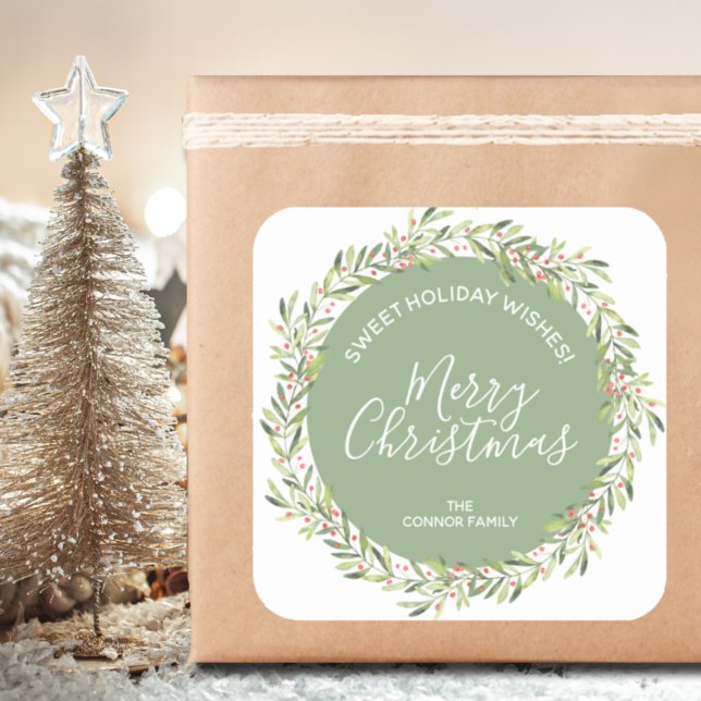 Holly Wreath Christmas Homemade Holiday Baking Quadratischer Aufkleber (Von Creator hochgeladen)