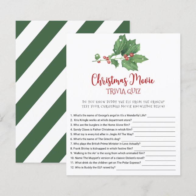 Holly Wreath Christmas Movie TRIVIA QUIZ Game Card (Vorne/Hinten)