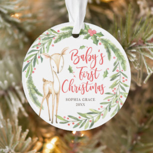Holly Wreath Deer Baby's First Christmas Foto Ornament