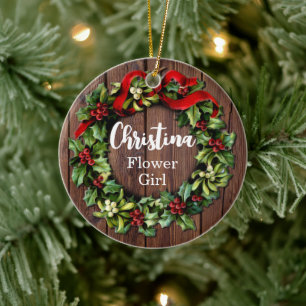Holly Wreath Flower Girl Custom Wedding Party Keramik Ornament