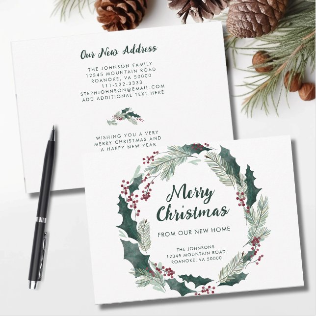 Holly Wreath frohe Weihnachten von New Zuhause Ankündigung (Holly Wreath Merry Christmas from Our New Home Announcement Flat Card with Envelope)