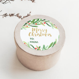 Holly Wreath Frohe Weihnachtsname Runder Aufkleber