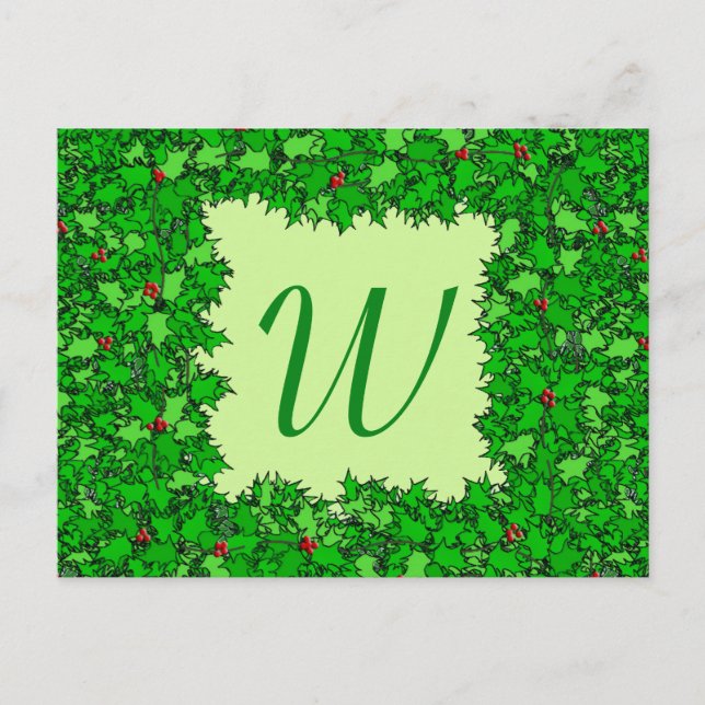 Holly Wreath mit Monogram, Dunkelgrün Postkarte (Vorderseite)