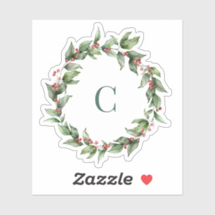 Holly Wreath Monogram Frohe Weihnachten Aufkleber