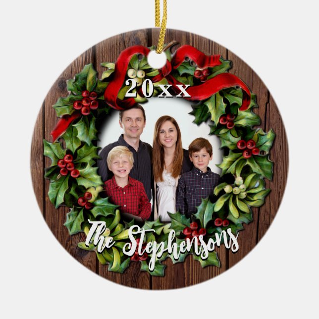 Holly Wreath Personalisiert Family Foto Keepake Keramik Ornament (Vorne)