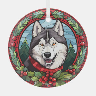 Holly Wreath Siberian Husky Dog Christmas Ornament Aus Glas