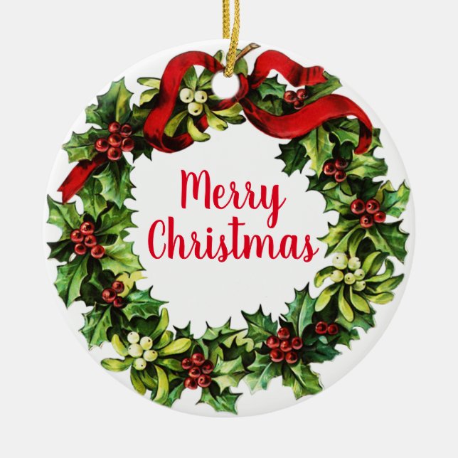 Holly Wreath und Kalligraphie Keramik Ornament (Vorne)