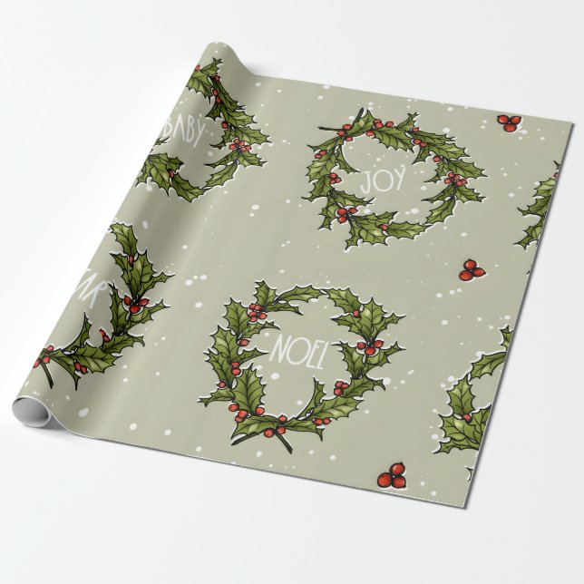 Holly Wreath Wrapping Paper Geschenkpapier (Ungerollt)