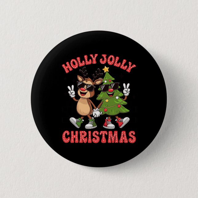 Holly Xmas Jolly Funny Christmas Tree Niedlich Rei Button (Vorderseite)