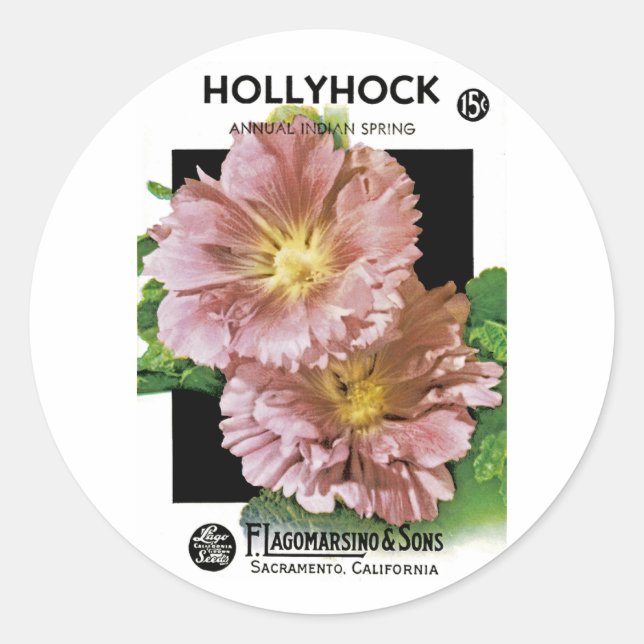 Hollyhock Vintag Seed Packet Runder Aufkleber (Vorderseite)