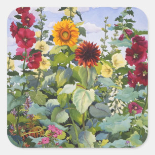 Hollyhocks und Sonnenblumen 2005 Quadratischer Aufkleber