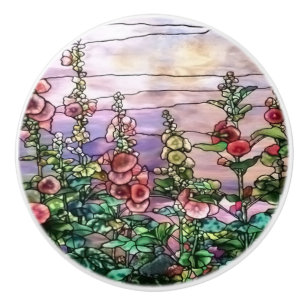 Hollyhocks Vintag Floral Tiffany Hartglas Keramikknauf