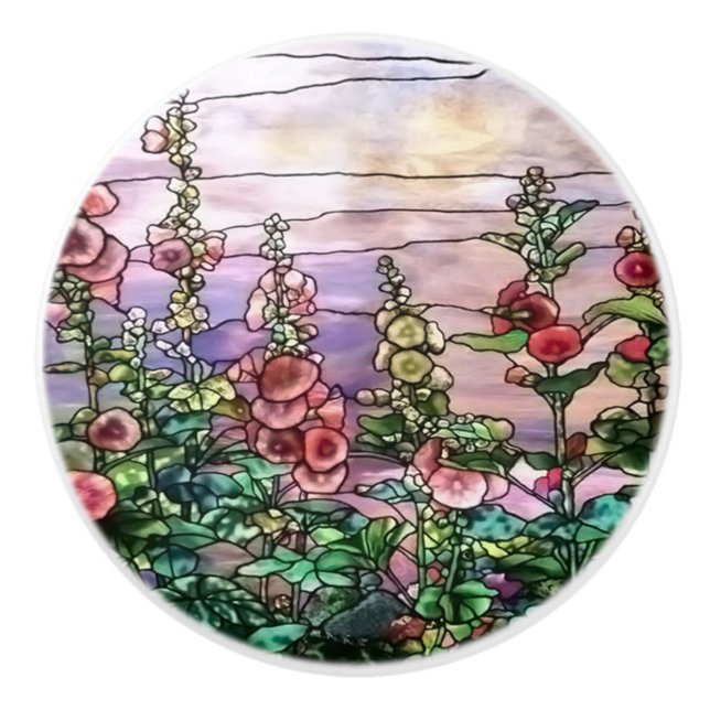 Hollyhocks Vintag Floral Tiffany Hartglas Keramikknauf (Vorderseite)