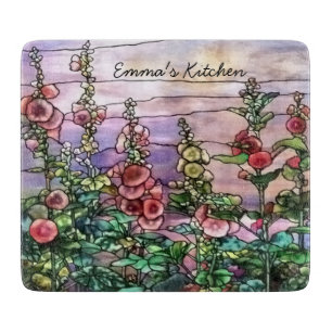 Hollyhocks Vintages BlumenTiffany beflecktes Glas Schneidebrett