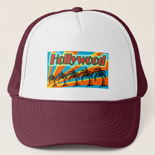Hollywood 5 Palm Trees Hat Truckerkappe (Vorderseite)