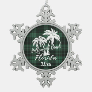 Hollywood Beach Florida Palm Green Kariert Schneeflocken Zinn-Ornament