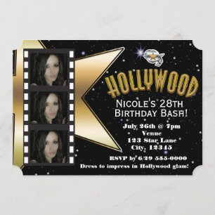 Hollywood Black & Gold 3 Foto Geburtstag Einladung