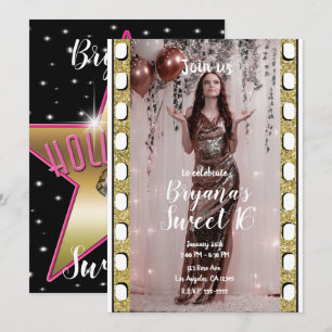 Hollywood-Film Gold Pink Star Film Sweet 16   Einladung