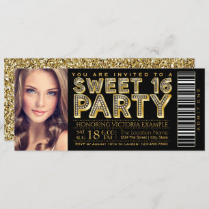Hollywood Glam Sweet 16 Ticket Black and Gold Einladung