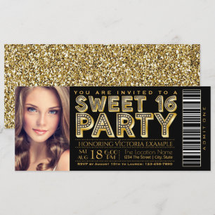 Hollywood Glam Sweet 16 Ticket Schwarz und Gold Einladung