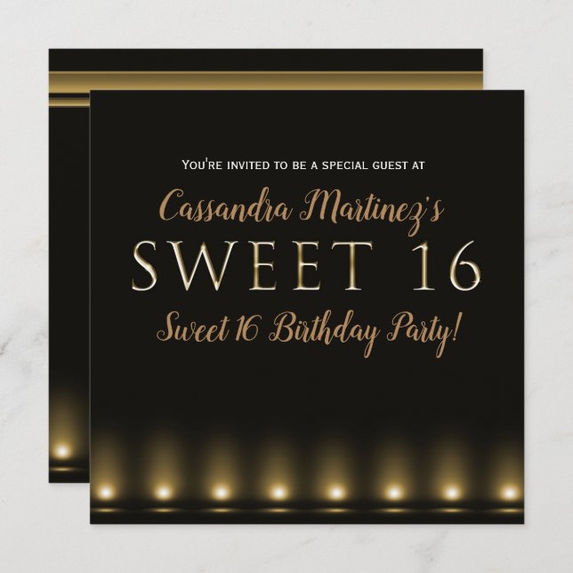 Hollywood Lights Gold Typografie Sweet 16 Party Einladung (Vorne/Hinten)